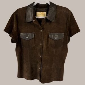 Margaret Godfrey Vintage Brown Leather Short Sleeve Button Down Shirt L
